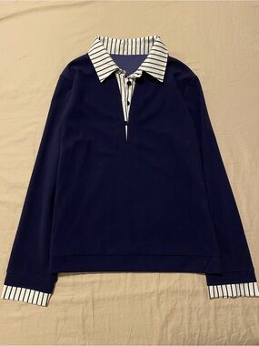 Navy Blue Layered Collar Office Top